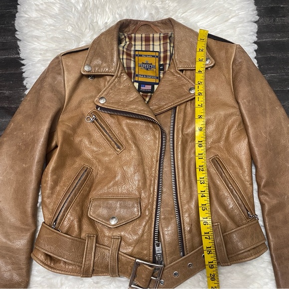 SCHOTT PERFECTO TAN LEATHER ASYMMETRICAL MOTORCYCLE 525W JACKET MOTO BIKER - Picture 3 of 10